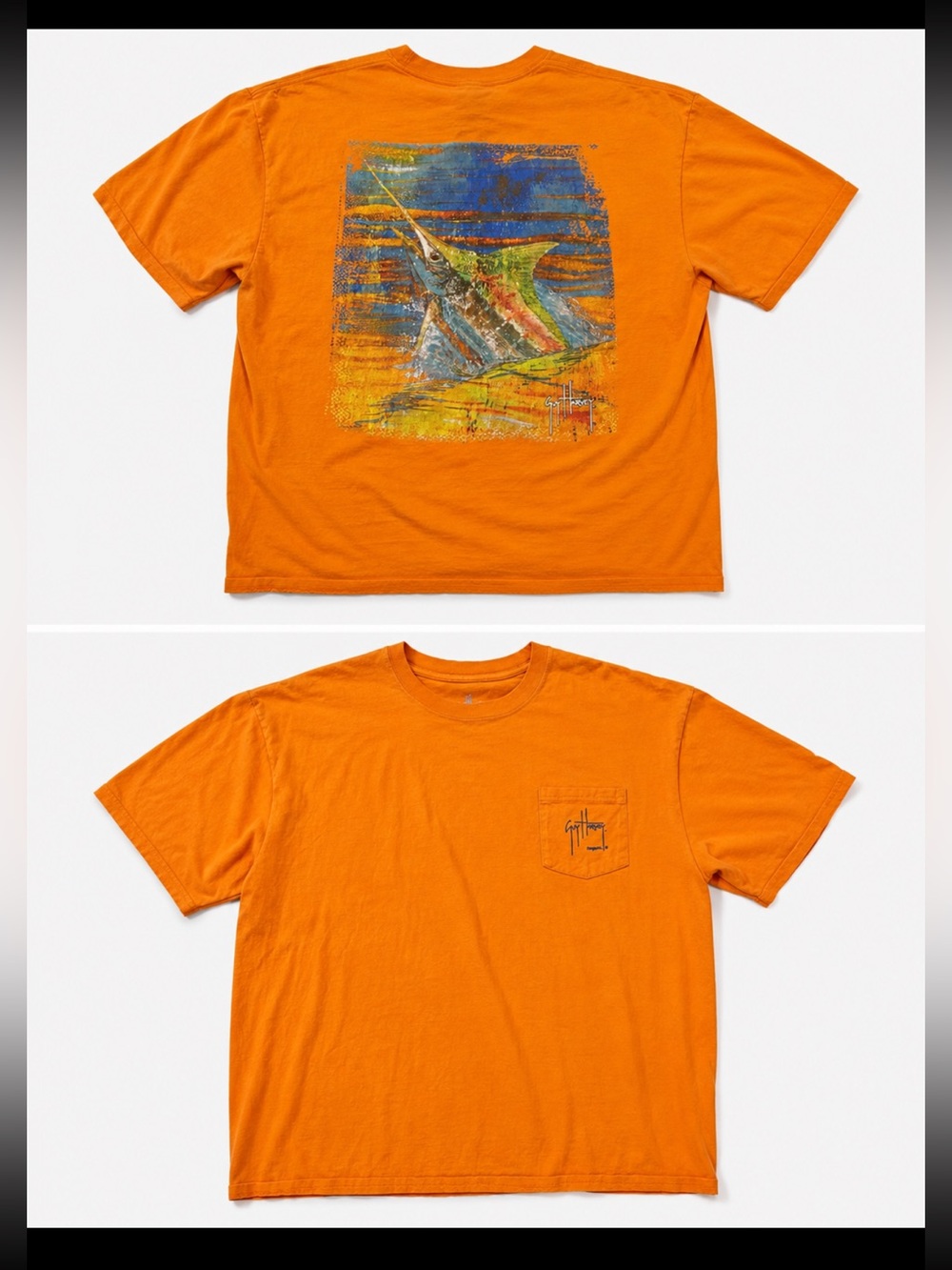 Guy Harvey Orange Short Sleeve Pocket T-Shirt with Marlin Back Graphic